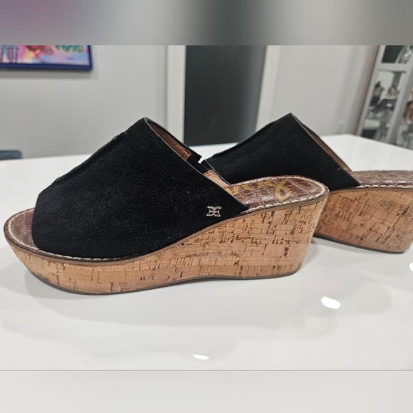 Ladies Sam Edelman Black Suede Cork Wedge Sandals 8M 38 - Picture 2 of 14